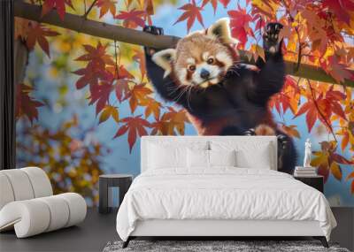 A playful red panda hanging upside down from a slender tree branch, surrounded by vibrant autumn leaves in shades of red, orange, and yellow Wall mural